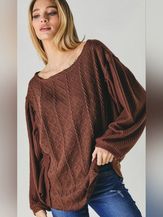 DAVI & DANI Sweaters - Davi & Dani Women’s Large Brown Textured Knit Top Balloon Sleeve Boho Pullover